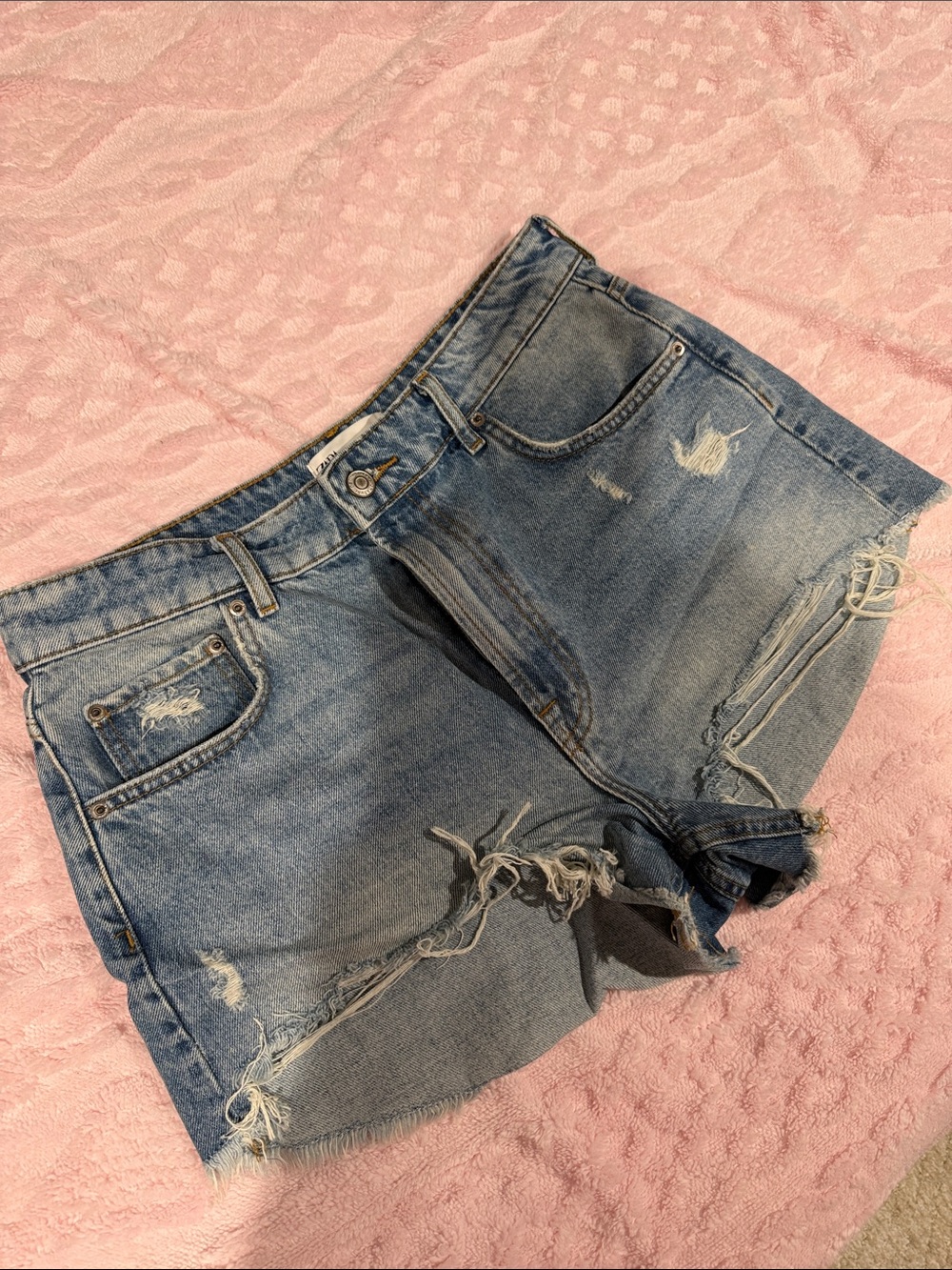 Zara Light Blue Distressed Denim Shorts